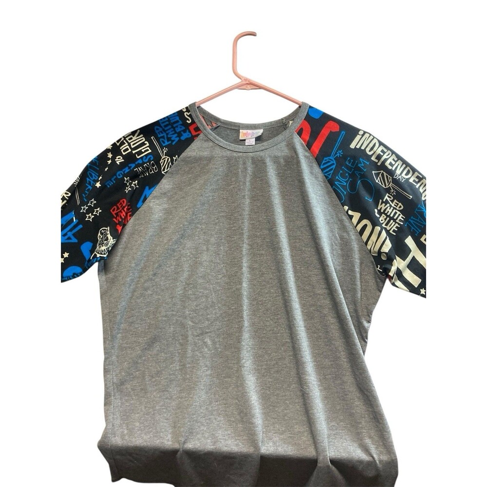 LuLaRoe Randy Large Shirt Gray Stars Stripes Red White Blue July Patriotic
